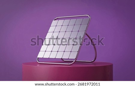 A sleek, silver solar panel with a grid of square cells is presented on a vibrant pink cylindrical pedestal. The background is a solid, soft purple.