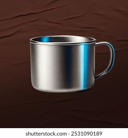 A sleek stainless steel mug displayed against a textured brown backdrop. Ideal for outdoor adventures or cozy indoor settings. Perfect for showcasing minimalist design and practicality. - Powered by Shutterstock