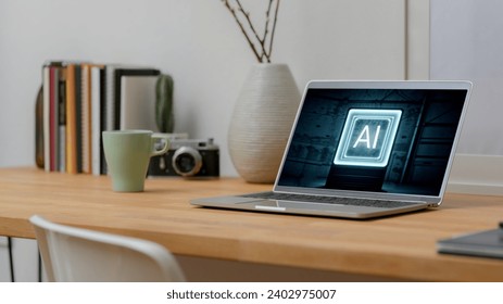 Sleek workspace with glowing AI neon sign. Open laptop, steaming coffee cup. Modern freelancer's desk setup for productivity and inspiration. - Powered by Shutterstock