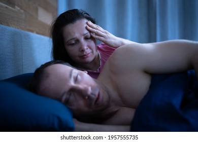 Sleep Apnea Snoring Disturbance. Angry Woman And Snoring Man