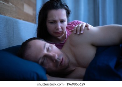 Sleep Apnea Snoring Disturbance. Angry Woman And Snoring Man