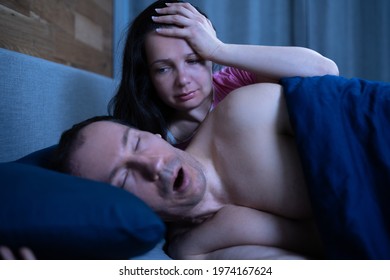 Sleep Apnea Snoring Disturbance. Angry Woman And Snoring Man