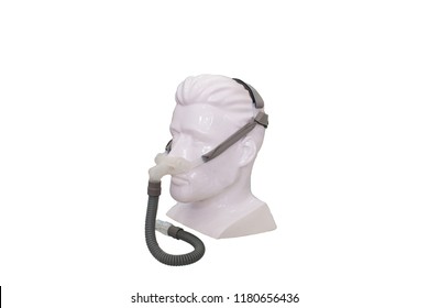 Sleep Apnea Therapy, Face Mask On Model. Continuous Positive Air Pressure For Treatment Of Sleep Apnea And Hypopnea With White Background And Soft Focus