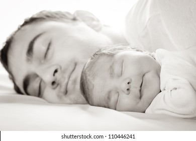 Sleep Baby With Dad, Closeup Faces