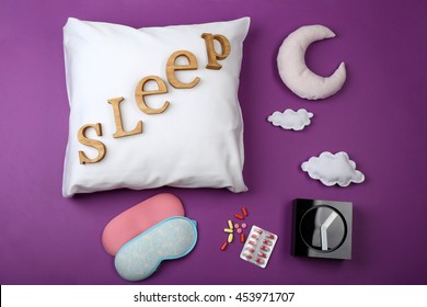 Sleep Concept With Accessories On Color Background