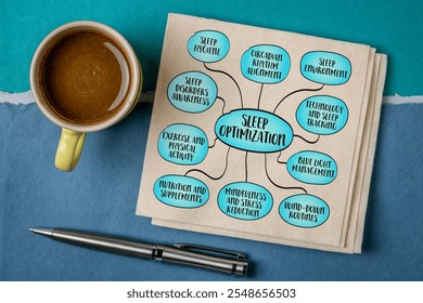 Sleep optimization, practice of improving sleep quality and duration to enhance overall well-being, physical health, and cognitive performance, mind map infographics sketch.