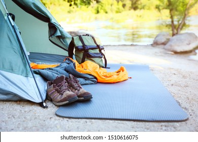 Sleeping Bag And Other Camping Gear Outdoors