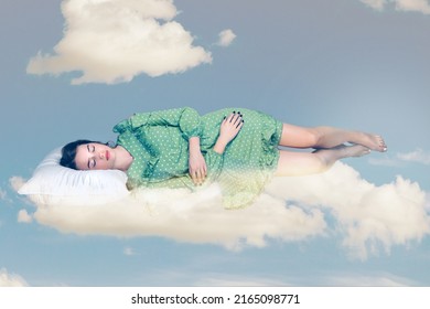 Sleeping Beauty Hovering In Air. Relaxed Girl In Vintage Ruffle Dress Lying Comfortably On Pillow Levitating, Keeping Eyes Closed Watching Dreams In The Sky. Collage Composition On Day Cloudy Blue Sky