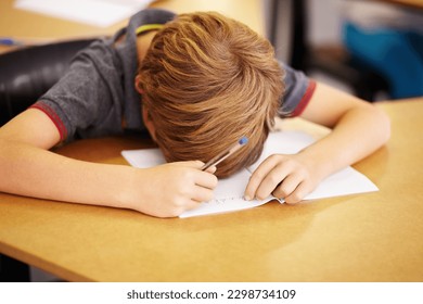 Sleeping, bored and notebook with boy in classroom for learning, education and knowledge. Stress, anxiety and tired with male student with notebook at school for exhausted, dreaming and frustrated - Powered by Shutterstock