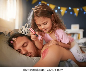 Sleeping, dad and girl drawing for fun, game and April Fools joke on face, body and paint with pink makeup. Father, sleep in kids bedroom and funny child, bed time and painting lipstick on man - Powered by Shutterstock