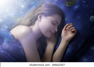 Sleeping Girl At Night On Dark Background