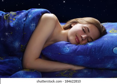 Sleeping Girl At Night On Dark Background