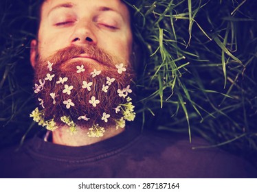 a sleeping hipster lying in tall grass with lilacs in his epic beard taking a nap toned with a retro vintage instagram filter and light leaks 