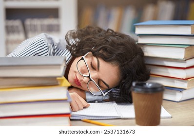 Sleeping At Library. Tired mexican girl student napping on books stack, being exhausted during preparing for exams - Powered by Shutterstock