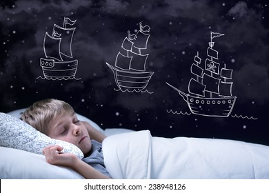 Sleeping little boy having dream about big adventure