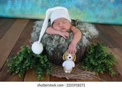 Sleeping Newborn Baby In A Basket. Newborn Winter Concept.