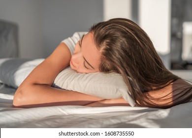 Sleeping On Foam Pillow Bed Asian Girl Sleeping On Stomach Sleeper Resting Head On Foam Pillow. Hair Care Silk Pillowcase. Good Night Sleep Or Midday Nap.