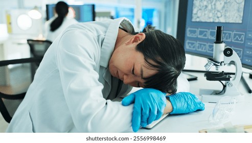 Sleeping, tired and scientist with headache, lab and fatigue for medical research, woman and overwhelmed. Exhausted, overtime and person with stress for project, thinking and migraine for setbacks - Powered by Shutterstock