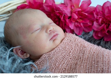 Sleeping White Caucasian Newborn Baby Close Up. Angel's Kiss, Stork Bite Birth Mark	