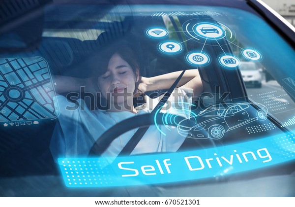 sleeping woman in autonomous\
car. Driverless car. Self-Driving car. UGV (unmanned ground\
vehicle).
