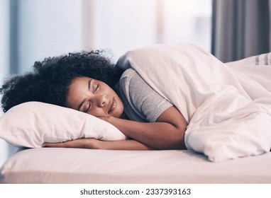 Sleeping, woman and bed with nap at home in morning with rest feeling calm with peace. House, bedroom and tired female person relax and comfortable on a pillow with blanket dreaming over the weekend - Powered by Shutterstock