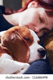 The Sleeping Woman And Its Dog , Focus On A Dog.