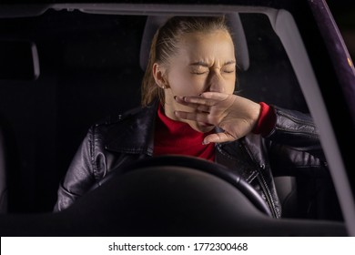 Sleeping Woman Sits Inside Car, Tired Female Driver Yawns Falls Asleep At Wheel After Long Journey, Car Night Ride, Night Trip, People Emotions, Driving Caution, Traffic Safety, Energy Drink Concept