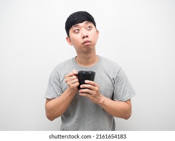 Sleepless Man Holding Coffee Cup Looking Up,Man Wake Up At Morning Feel Sleepy