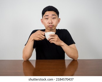 Sleepless Man Wake Up At Morning Hold Coffee Cup In Hand Feels Sleepy