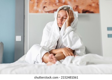 Sleepless Middle-aged Woman Lying In Bed Suffers From Insomnia Sleep Disorder Cant Sleep Till Morning, Depressed Middle Aged Female Looking Upset Thinking About Life, Health Troubles Concept