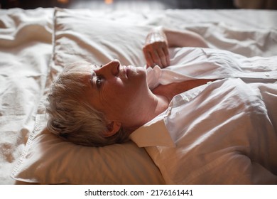 Sleepless Middle-aged Woman Lying In Bed Suffers From Insomnia Sleep Disorder Cant Sleep Till Morning, Depressed Elderly Female Looking Upset Thinking About Life, Health Troubles Concept