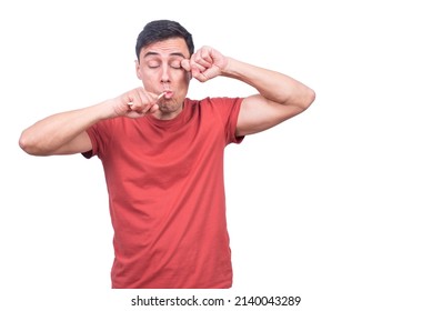 Sleepy Guy Brushing Teeth On White Backdrop