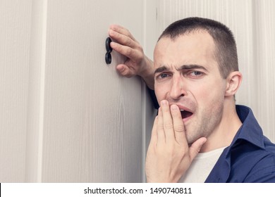 Sleepy Guy Next To Front Door, Portrait, Close Up, Toned