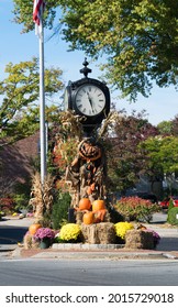 Sleepy Hollow, New York, United States, October 21, 2017: The Village Clock With Autumn And Halloween Decorations In Sleepy Hollow, New York