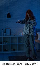 Sleepy Woman With  Somnambulism Sleep Walking At Home