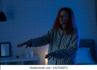 Sleepy Woman With  Somnambulism Sleep Walking At Home