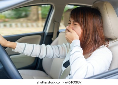 Sleepy, yawn, close eyes young woman driving her car after long hour trip, Sleep deprivation, accident concept