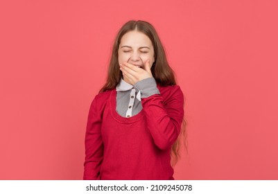 Sleepy Yawning Teen Girl In School Uniform On Red Background, Childhood