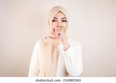 Sleepy Young Asian Muslim Woman Wearing Head Scarf Isolated White Background