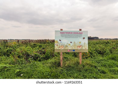 SLEEUWIJK, NETHERLANDS - AUGUST 28, 2018: Information Board Regarding Insect-rich Grassland Sown With Subsidy From The European Union EU For The Conservation Of Partridges And Other Birds.