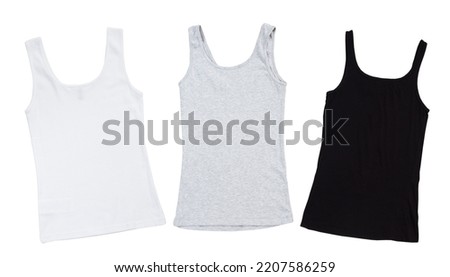 sleeveless t-shirt set, white, grey and black sleeveless shirts mock up isolation on white background 