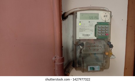 Sleman, Indonesia -June 14, 2019: New Electricity Meter On The Walls Of Houses In Indonesia. This Is Prepaid Electricity House