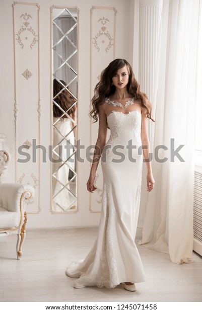 Slender Bride By Window Wedding Dress Stock Photo Edit Now