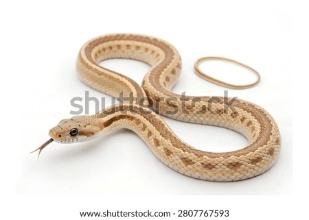 Slender light brown and grey corn snake slithering in a curved shape isolated on white background