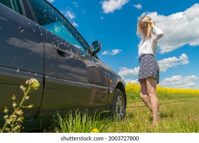 Slender Young Blonde Woman In A Skirt And White Blouse Stands Near A Dirty Car Stuck On A Dirt Road In The Middle Of A Rapeseed Field, Looks At The Wheel And Holds Her Head