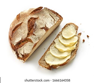 Slice Of Bread With Butter Isolated On White Background, Top View