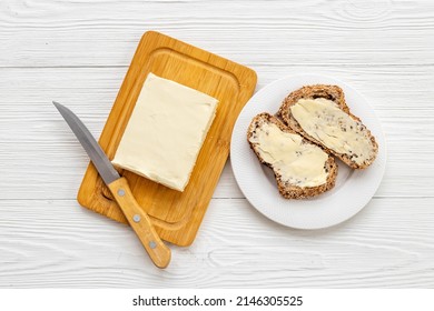 Slice Of Bread With Butter, Top View. Sandwiches With Butter