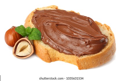 Slice of bread with chocolate cream with hazelnut isolated on white background - Shutterstock ID 1035631534