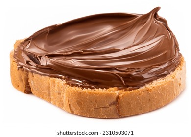 Slice of bread with chocolate swirl cream isolated on white background