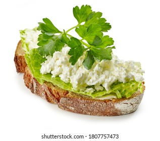 Slice Of Bread With Cottage Cheese Isolated On White Background